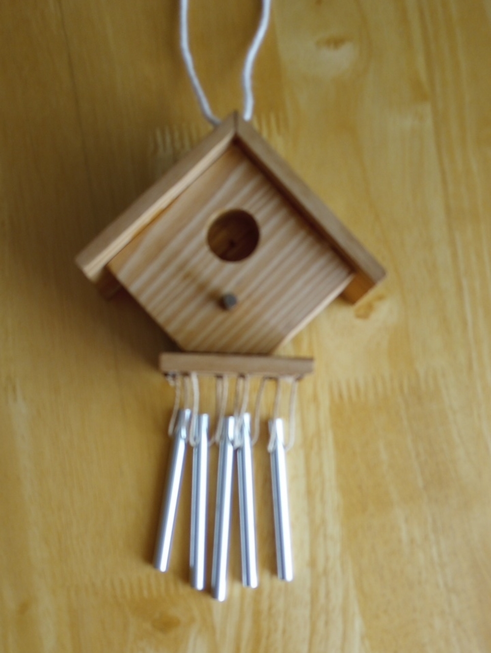 Natural Wood Birdhouse Wind Chime with Silver Tubes